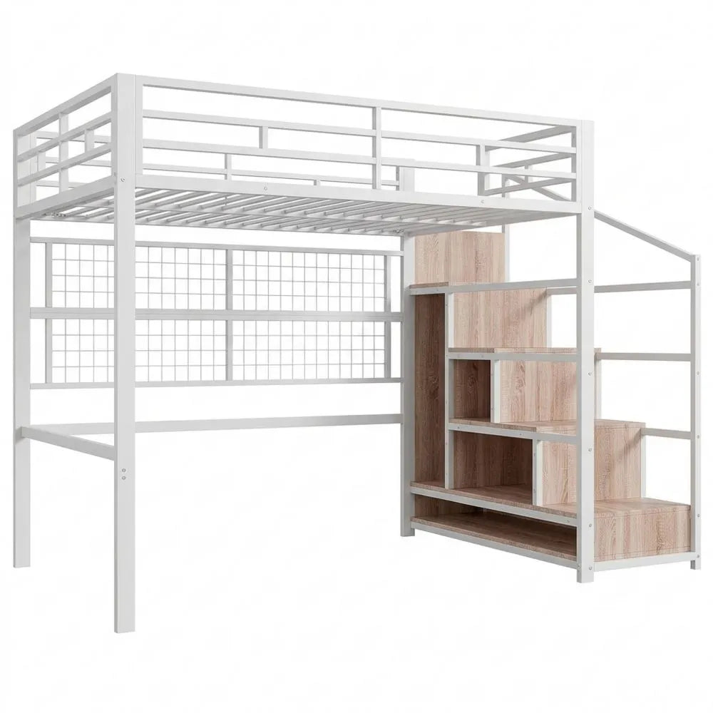 Metall-Hochbett mit Kleiderschrank und Stauraumtreppe, inklusive LED-Beleuchtung