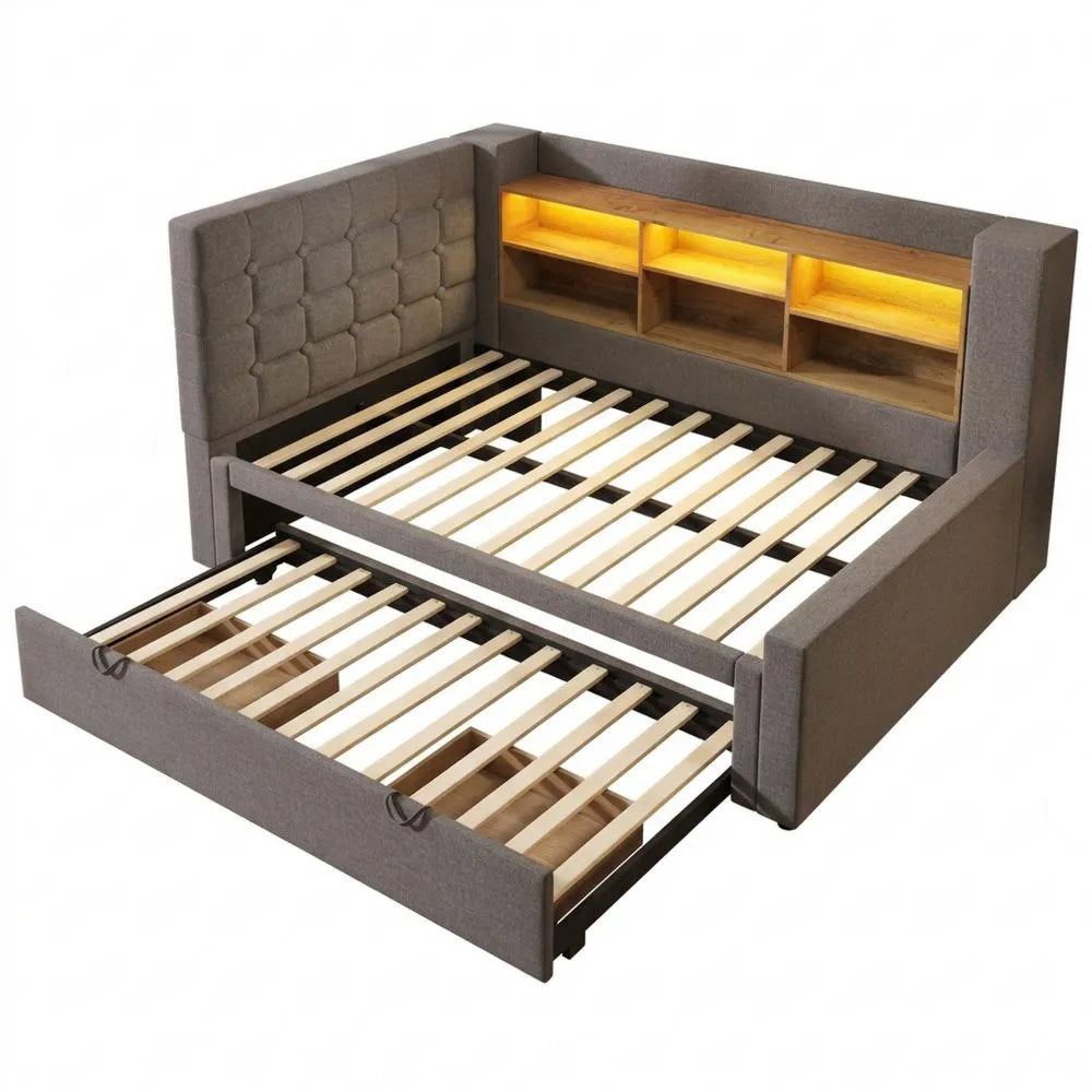 Polsterbett mit LED-Beleuchtung, Stauraum und L-förmigem Kopfteil, beidseitig montierbar, inkl. Lattenrost, Leinenstoff, Grau