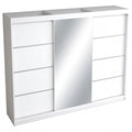 Moderner Kleiderschrank mit Spiegel und Schubladen, Hochglanz-Schiebetüren, 200cm, Weiß