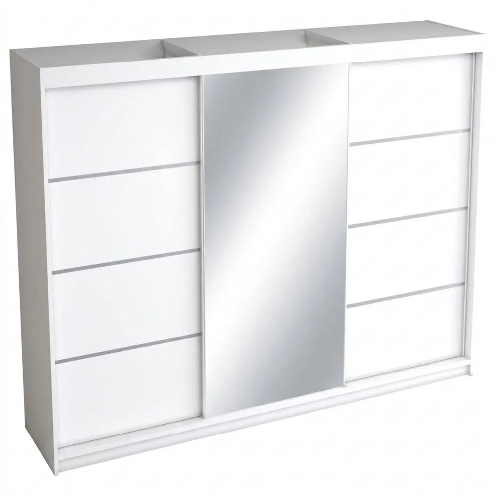 Moderner Kleiderschrank mit Spiegel und Schubladen, Hochglanz-Schiebetüren, 200cm, Weiß