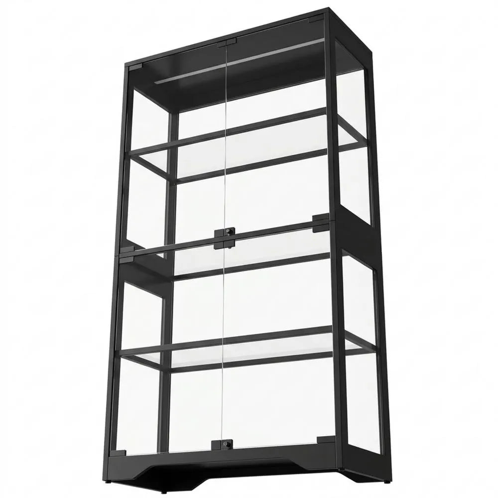 Beleuchtete Glasvitrine mit LED-Lichteffekten, hängend, für Sammlerstücke, Holz und Glas, schwarz, 4 Ebenen