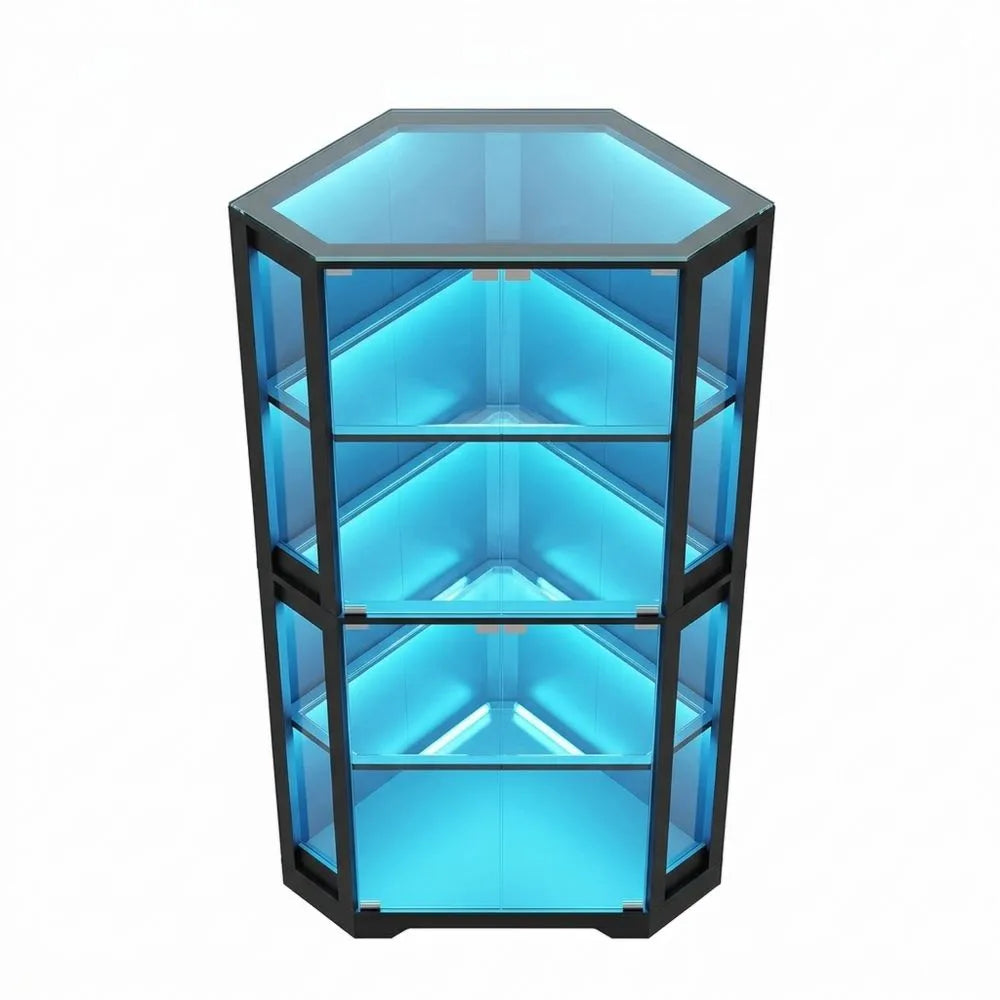 Moderne Eckvitrine mit LED-Beleuchtung und Glastüren, 165cm, 4 Ebenen, für Wohnzimmer, Schlafzimmer, Büro