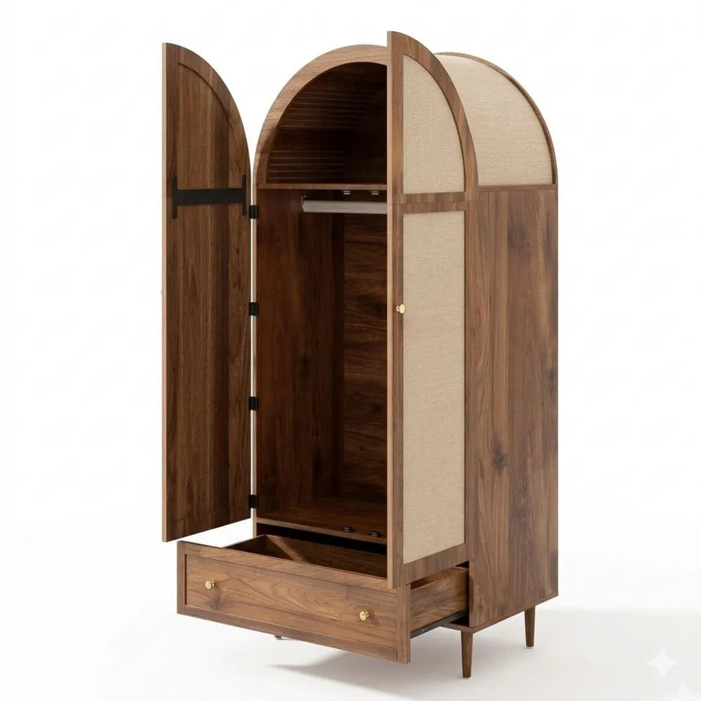Eleganter Kleiderschrank mit Stofftüren und Schublade, Walnussoptik, 79x50x175 cm