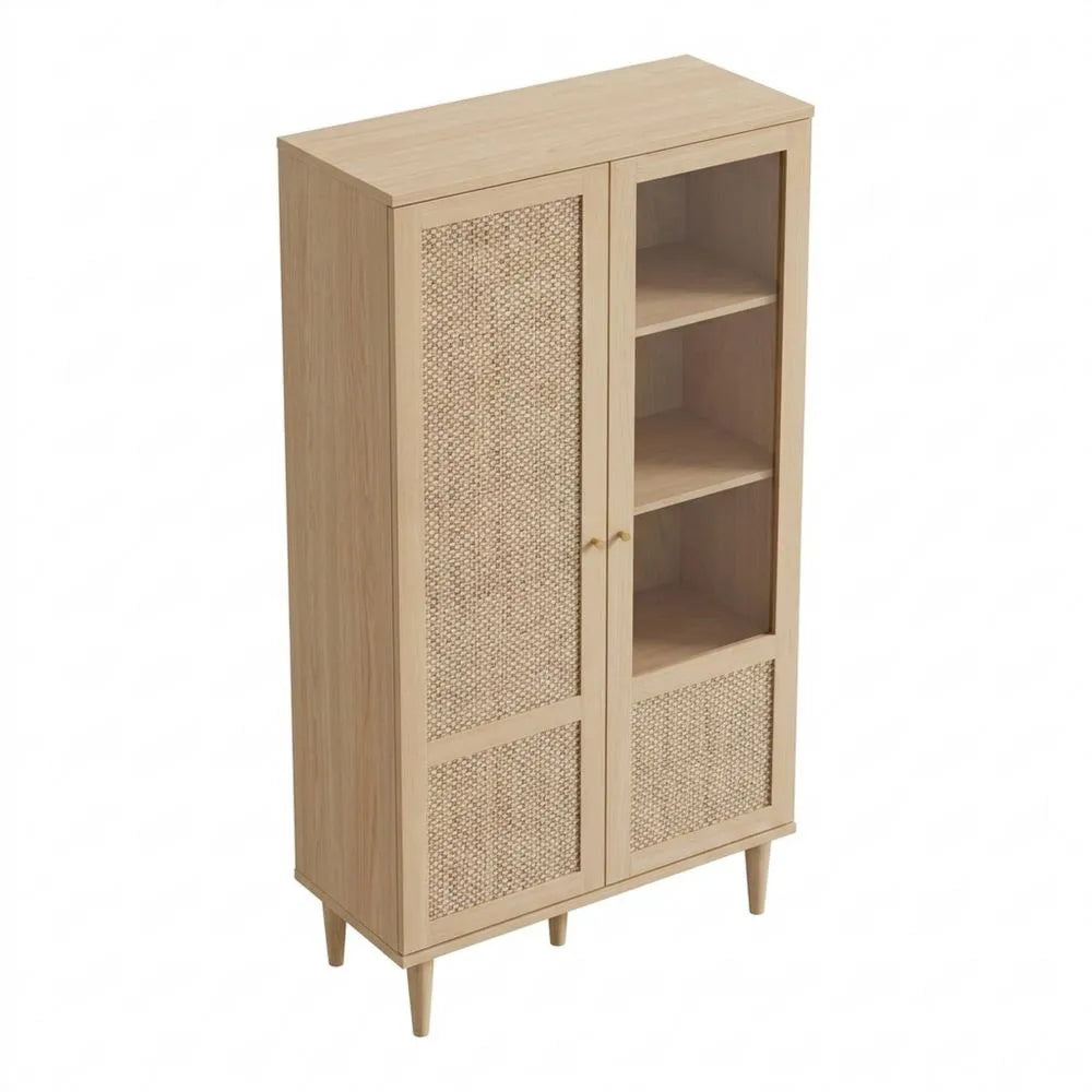 Zweiflügelige Vitrine mit Rattangeflecht, Holzwerkstoff, Eicheoptik