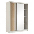 Kleiderschrank mit Lamellen und Spiegel, Schwebetür und Kleiderstange, 120 cm, weiß braun