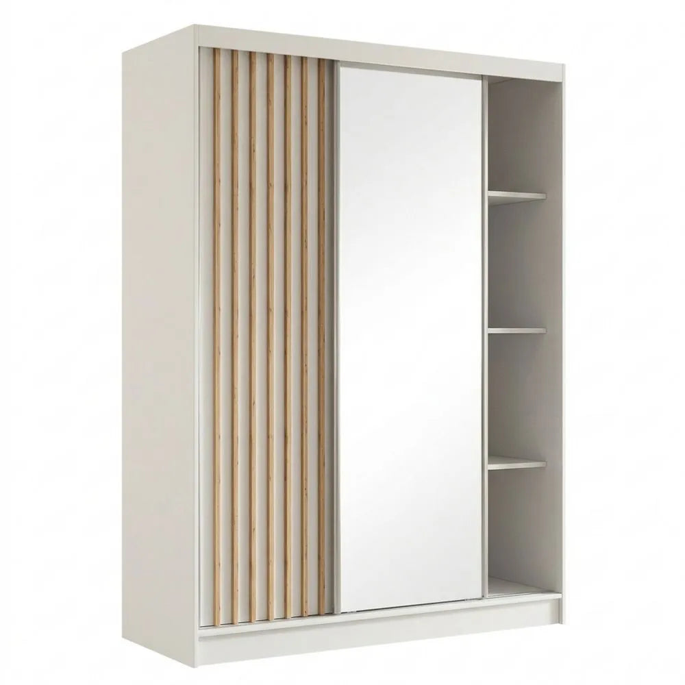 Kleiderschrank mit Lamellen und Spiegel, Schwebetür und Kleiderstange, 120 cm, weiß braun