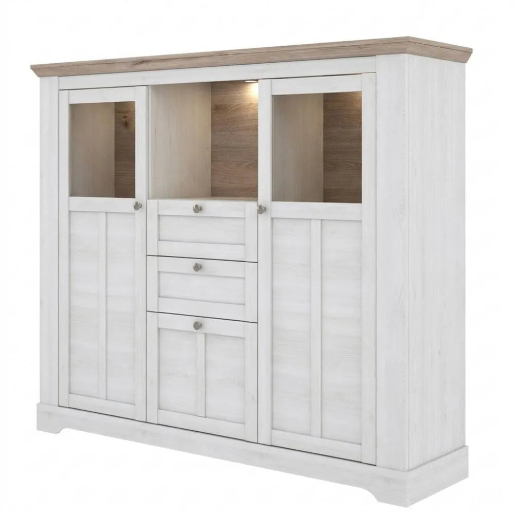 Vitrine im Landhausstil mit 3 Türen und 2 Schubladen, Holzdekor in Eichenoptik, 165 cm Breit